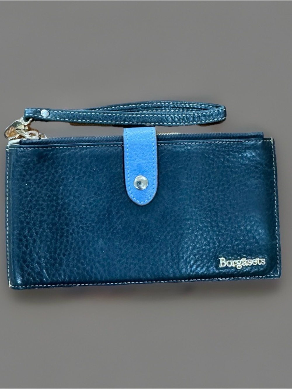 Borgasets Navy Blue Leather Wristlet Wallet with Light Blue Tab
